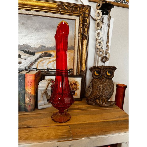 Vintage Fenton 21" Valencia Amberina Glass Swung Vase DO NOT BUNDLE - Picture 1 of 5